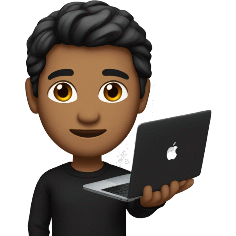     memoji of a man with a laptop in front, apple-style,modern,dark hair,black sweater,computer in hand, srilankan brown skin, an avatar image gonna be round  emoji