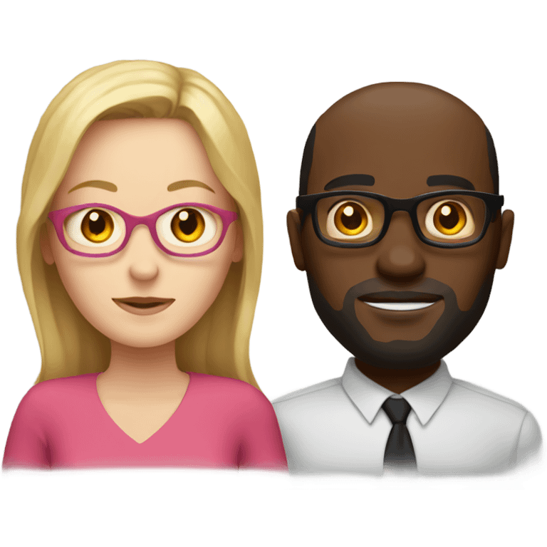 white woman with no glasses wearing a pink dress standing with a black guy with glasses wearing a red shirt emoji