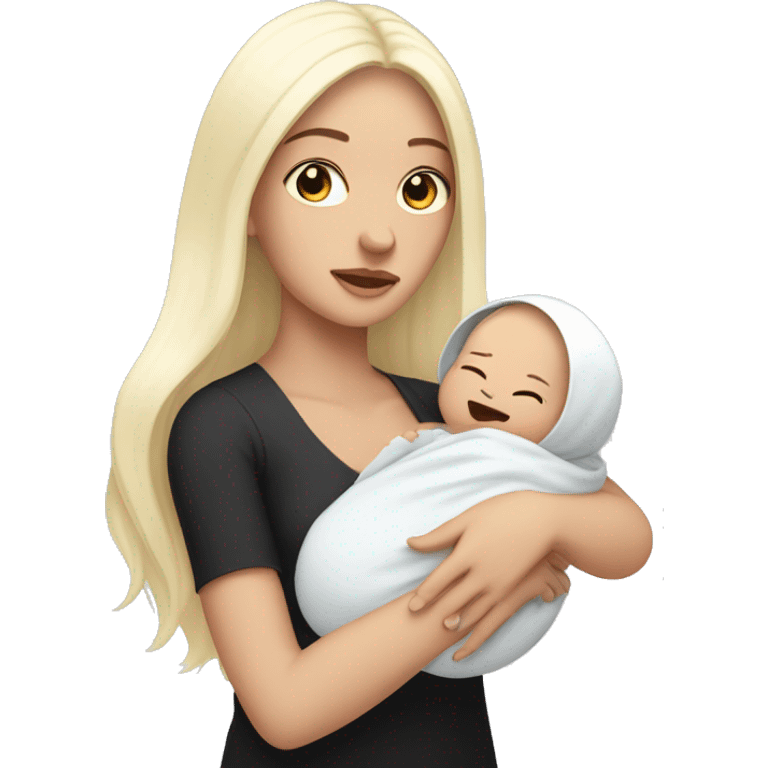 Pale girl with long black hair is holding a pale newborn baby emoji