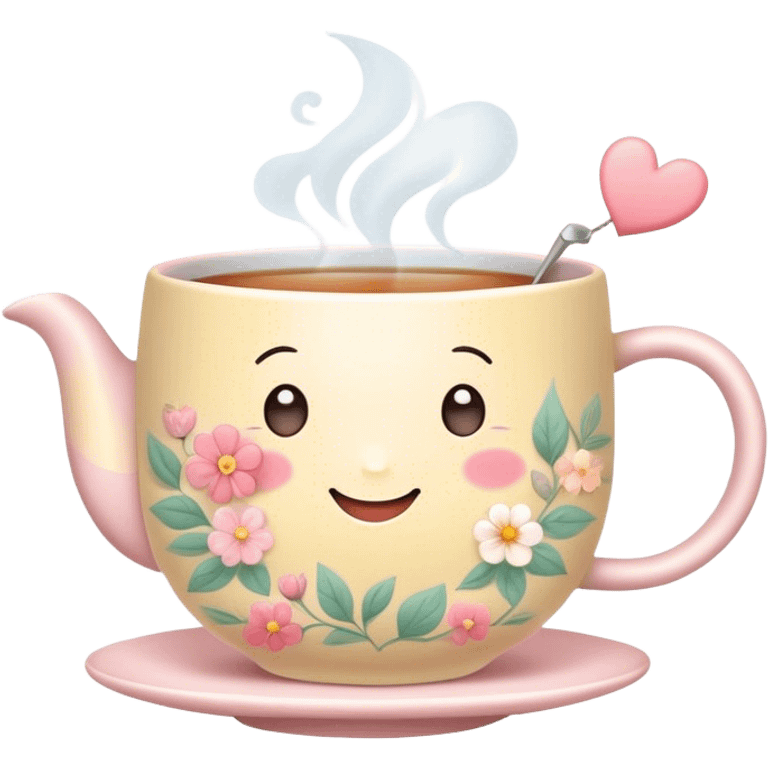 Cute Kawaii Tea Cup, steaming with warmth, a charming smiling face, soft pastel tones, delicate floral patterns, a tiny heart-shaped tea bag tag, cozy and inviting! emoji