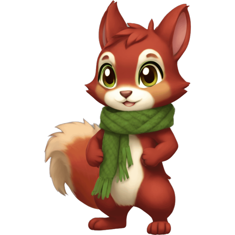 Cute, Chibi, Kemono-style, Anthro, Fur-Sona, Dark-Red, Squirrel-Rabbit-hybrid-Fakémon, with a green scarf, full body emoji