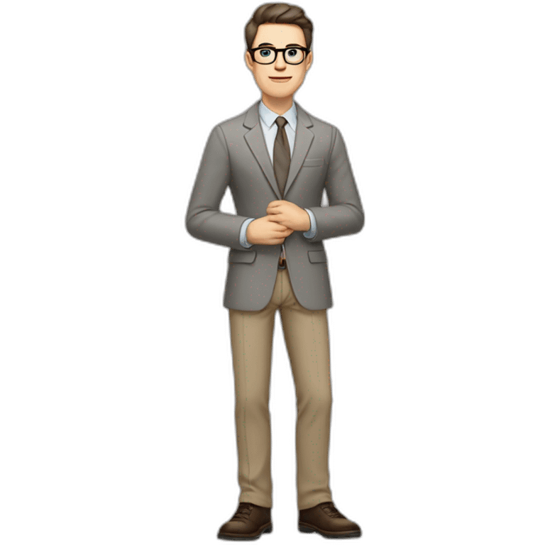 Full height Actively Gesturing Pale skinned fit man with dark brown hair in gray jacket, beige office shirt, brown tie, brown pants and vintage glasses. emoji