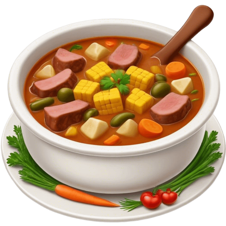 Cinematic Realistic Sancocho Soup Dish Emoji, featuring a rich, hearty stew with diverse meats and vegetables rendered with lifelike detail and warm, comforting lighting. emoji