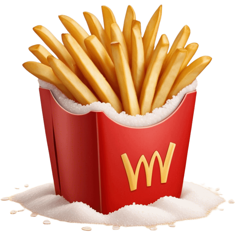 Cinematic crispy golden French fries, piled high, sprinkled with salt, served in a red carton, warm and inviting, rich golden hues, perfectly crunchy and delicious. emoji