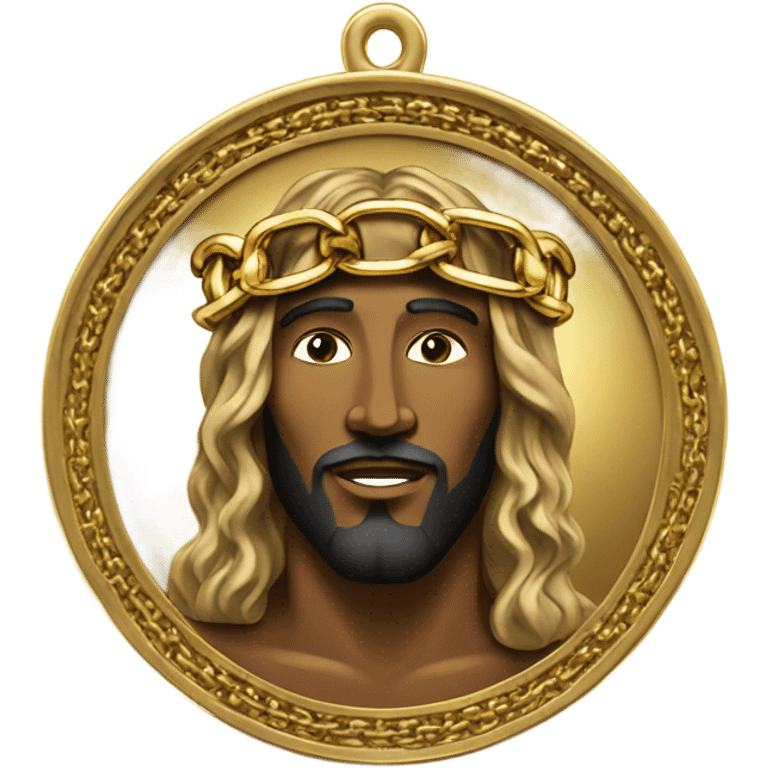 A gold chain attached to a gold and platinum medallion with the face of Black Jesus smiling. emoji