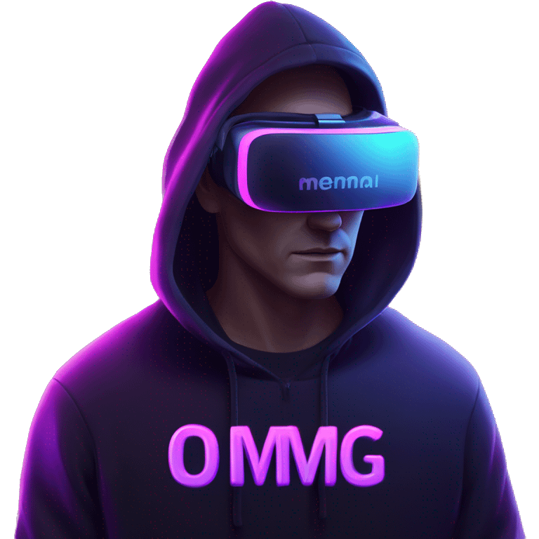 Russian man wearing a black hoodie with "OMG" letters on it and VR headset in a cyberpunk VR environment with violet neon lighting. emoji