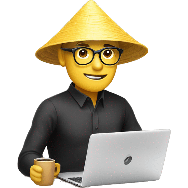 A memoji-style man with yellow skin, wear nearsighted glasses, a traditional Vietnamese conical hat , black shirt, sitting at a desk, a cup of coffee on desk, typing on keyboard, laptop with a logo styled as '</>' in front front emoji