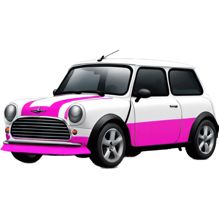 Black mini cooper, white roof, black doors, with hot pink stripes emoji