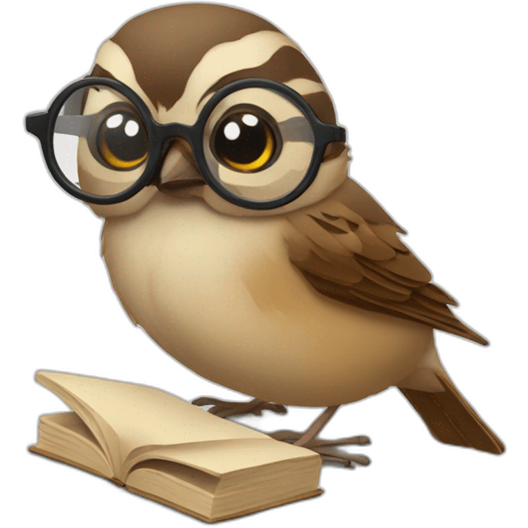 Sparrow reading a book, wearing round transparent glasses emoji