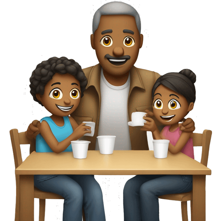 An emoji of a family—mother, father, and child—sitting at a table, playing a cup game with paper cups arranged on the table as they have fun together emoji