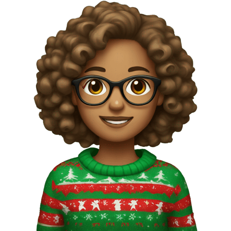 A girl with brown curly hair glasses and a christmas red and green sweater emoji