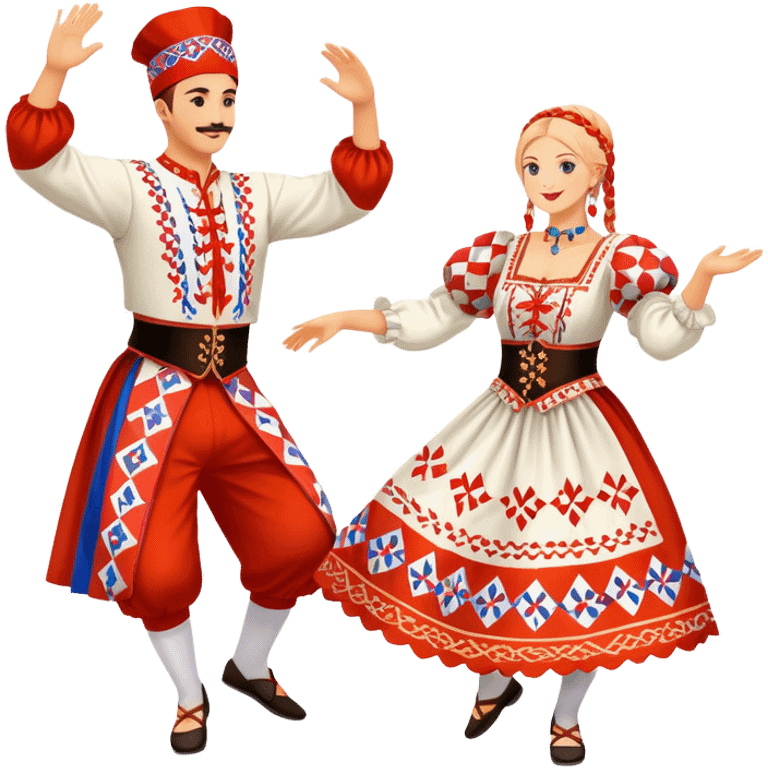 Cinematic Realistic scene of two performers engaging in the Croatian Linđo folk dance, adorned in vibrant traditional costumes with intricate patterns and accessories, captured in graceful, synchronized motion under festive natural lighting. emoji