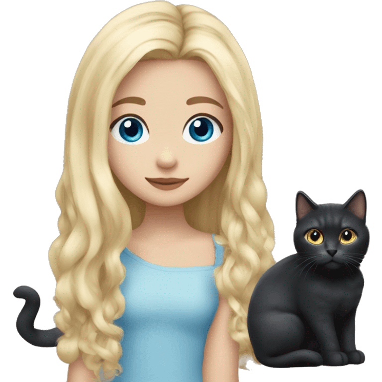 Blondir girl with blue eyes and middle long hair and she has in hand little black kitty with long cat hair  emoji