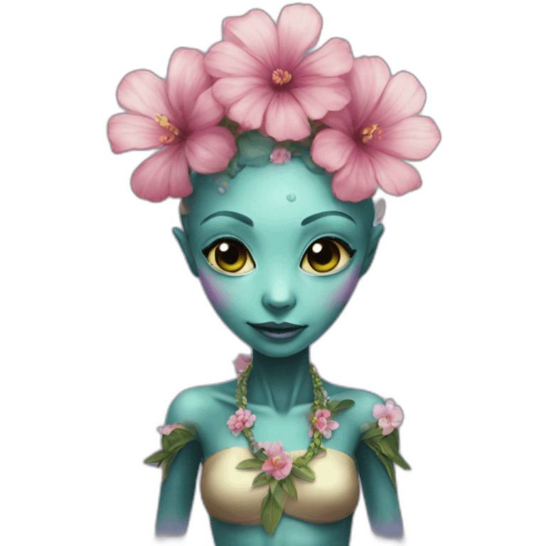 Super cute alien wearing a flower necklace emoji