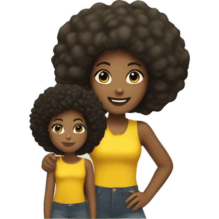 Black girl wearing yellow with an Afro having a bitmoji girl behind her emoji