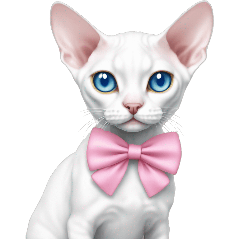 Slim white devon rex with light blue eyes and pink bow emoji