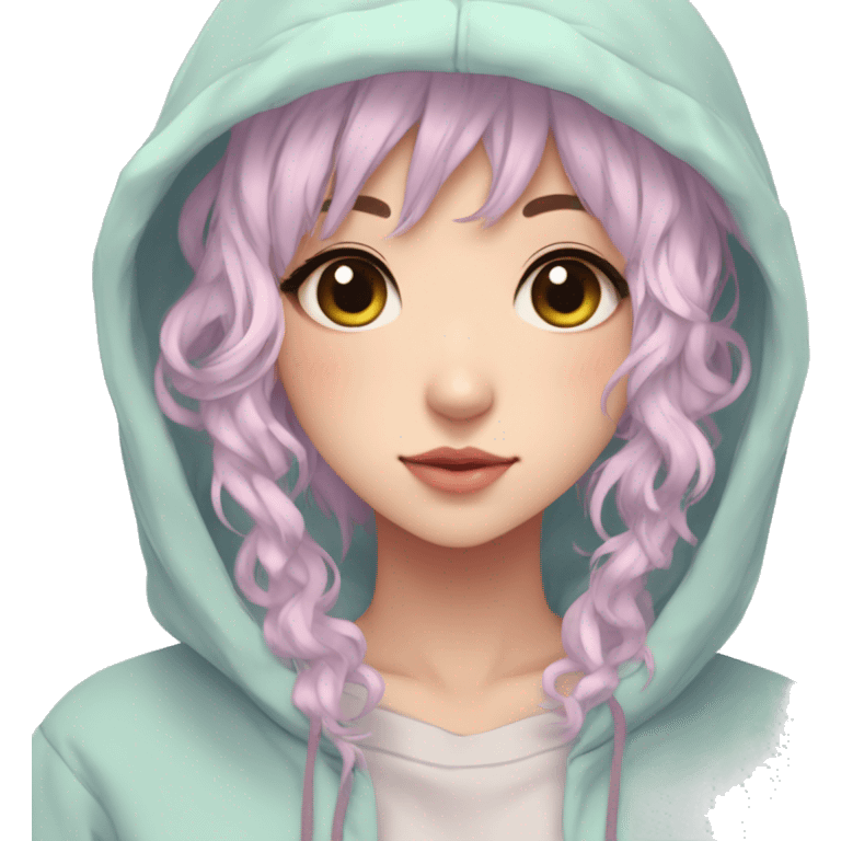 Gorgeous pastel anime girl with blushing face and hair garnitures and pretty hair and a hoodie aesthetic trending style emoji