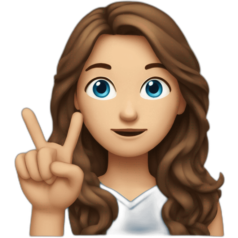 brown-haired woman with long hair, blue eyes shows her index finger emoji