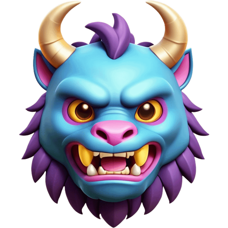 Clash of Clans aesthetic: Cinematic Playful Beast Emoji, rendered in a 3D vector-style similar to standard emojis with minimal shading and bold, simplified shapes. A compact, isometric mythical creature with wild, majestic features and fierce yet endearing eyes, softly glowing with a primal enchanted charm. Simplified yet unmistakably iconic, highly detailed and consistent, glowing with a soft radiant shine and high polish. Stylized with a touch of mythical wildness and a soft glowing outline, capturing the essence of a legendary beast with a friendly, playful allure! emoji