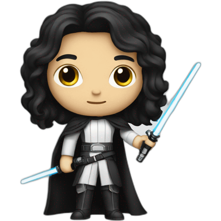 A white Portuguese with long black hair holding a lightsaber emoji