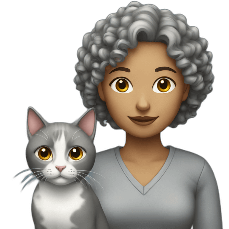 female with curly hair and a grey cat emoji