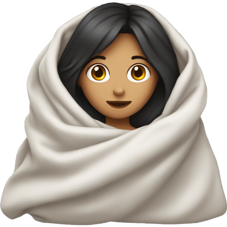 Dark hair girl under the blanket with a cup emoji