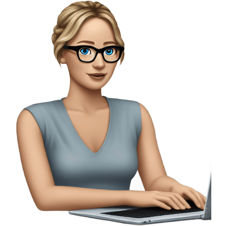 Realistic Photo of Brunette Jennifer Lawrence wearing black glasses and blue eyes talking on their laptop  emoji