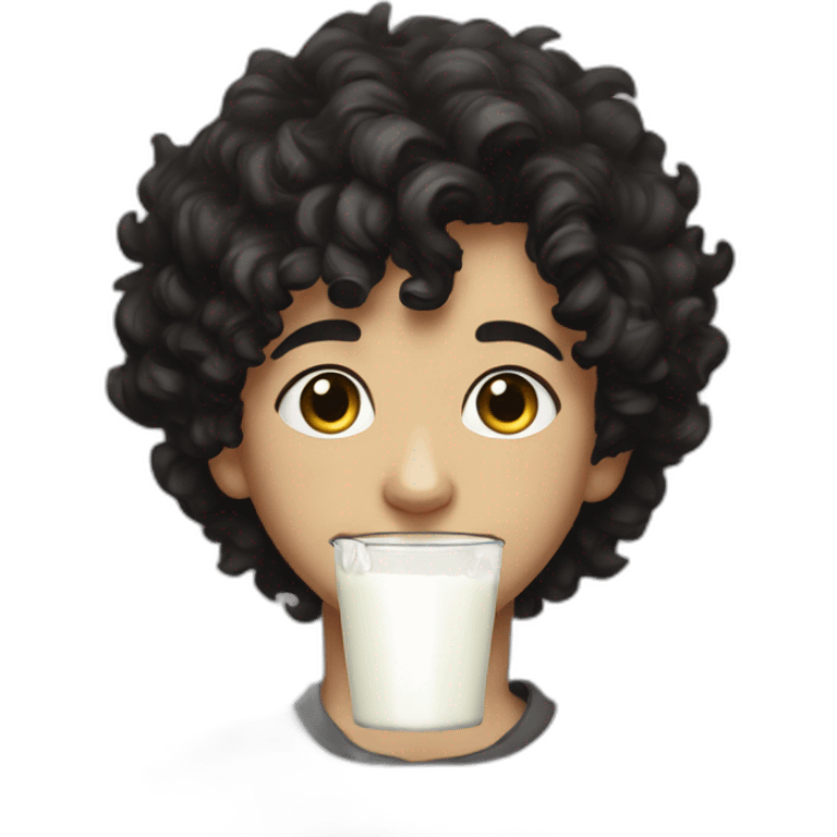 A side-portrait from the shoulders up of a pasty white teenage boy with dark black curly hair and a distinct noseholding a chalice of milk emoji