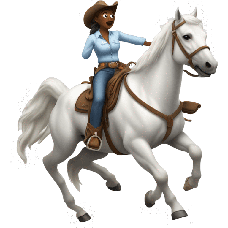 Cowgirl riding a white horse doing a sliding stop  emoji