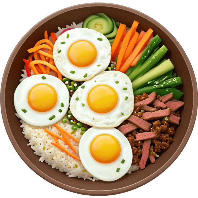 Cinematic Realistic Bibimbap Dish Emoji, showcasing a colorful bowl of mixed rice, assorted vegetables, beef, and a fried egg rendered with lifelike detail and vibrant, harmonious lighting. emoji