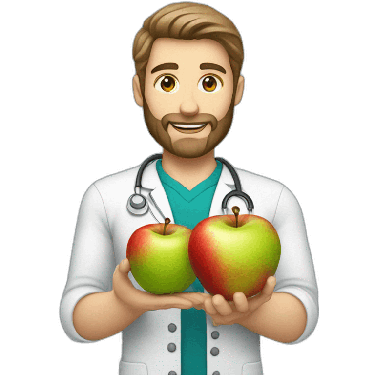 A male nutritionist with a full beard and dark blonde hair and white skin holding an apple in his hand. emoji