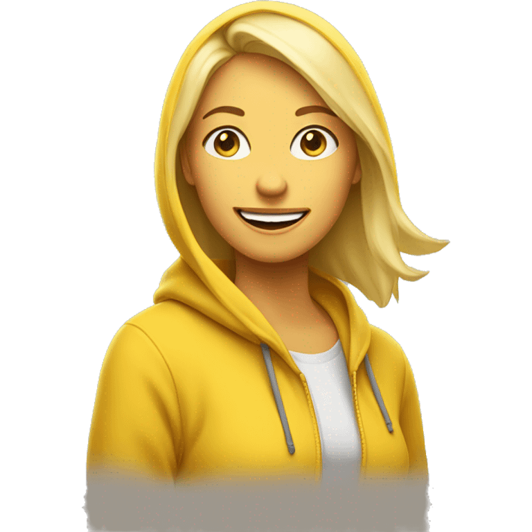 A 30-year-old blonde woman in a yellow hoodie smiles and shows emoji a ‘Face with Diagonal Mouth’  emoji