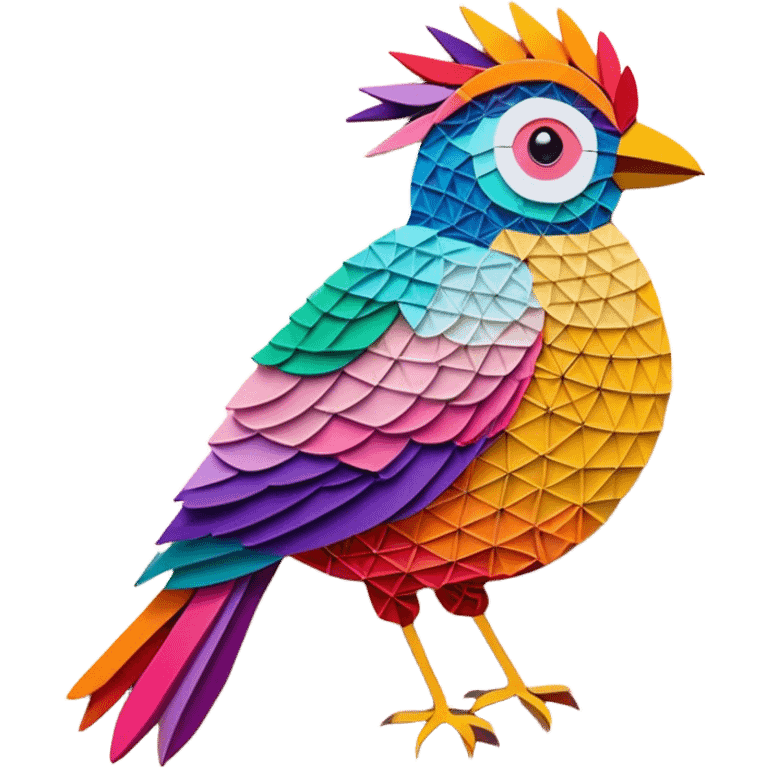 String art icon, large colorful bird in frontal view, geometric patterns made from threads, intricate design with pins on a board, vibrant colors, minimalistic style, clean lines, transparent background. emoji