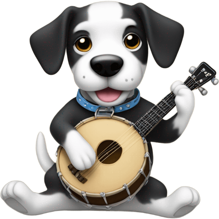 Black and white dog playing banjo emoji