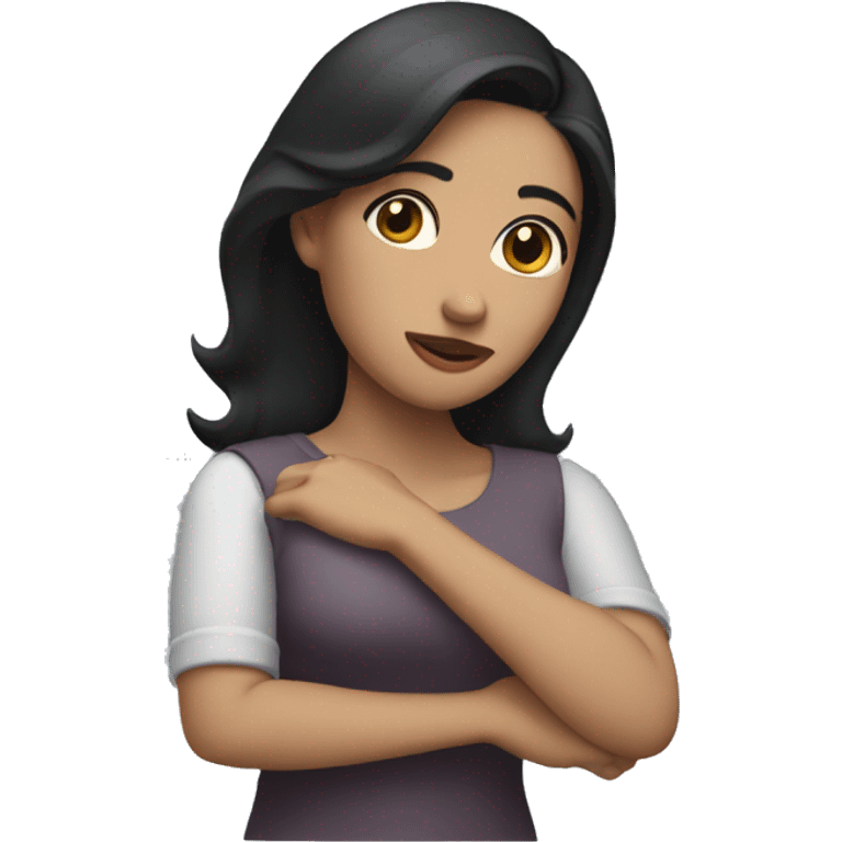 woman with dark hair with face into bent arm with other arm extended  emoji