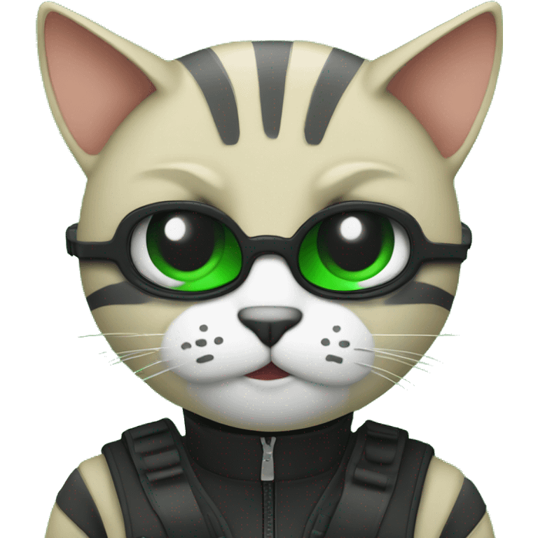 Generate a emoji of the face has a cat and the overview of this concept is hacker programming in a laptop that laptop has programming in green colour and screen in black colour and over all theme is in black colour emoji