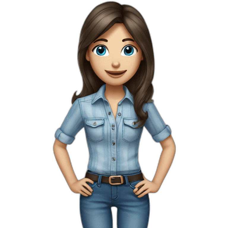 brunette girl with sky blue eyes in streaky shirt an jeans emoji