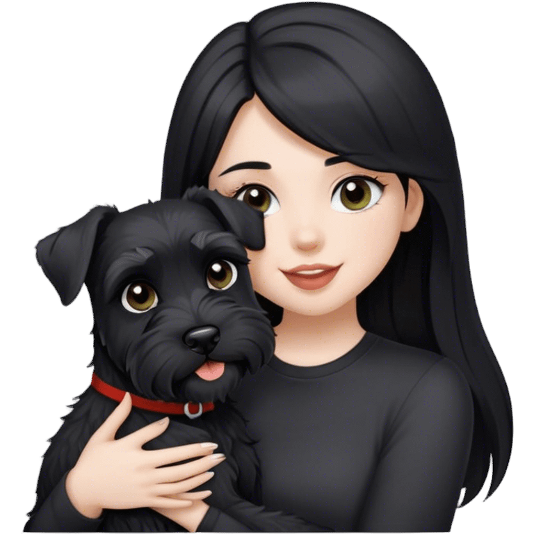 pale girl  with light eyes and long black hair wearing black shirt kissing schnauzer holding smiling black schnauzer  emoji