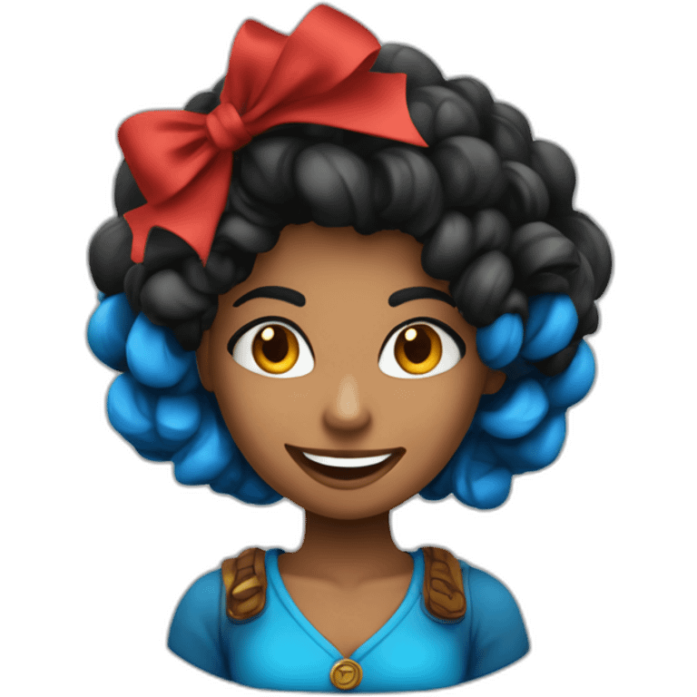 mujer sonriente cabello pelirojo con buff azul tipo cintillo collar de tira negra y adorno de madera en forma de espiral emoji