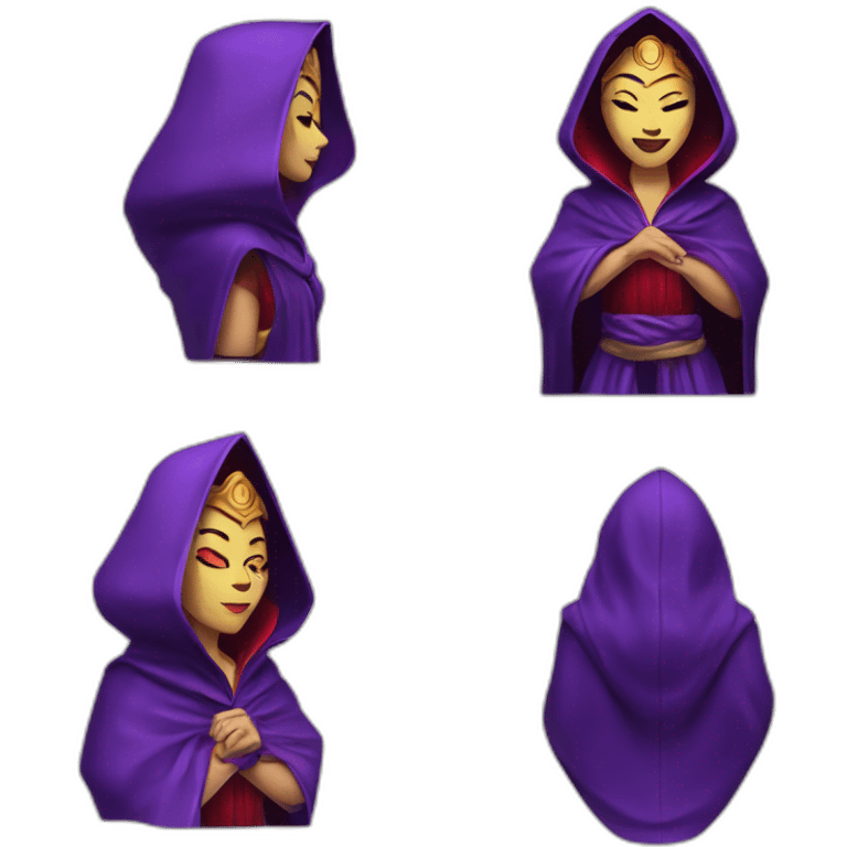 Empress, purple hodded robe, hood covering eyes , red lips, wicked grin emoji