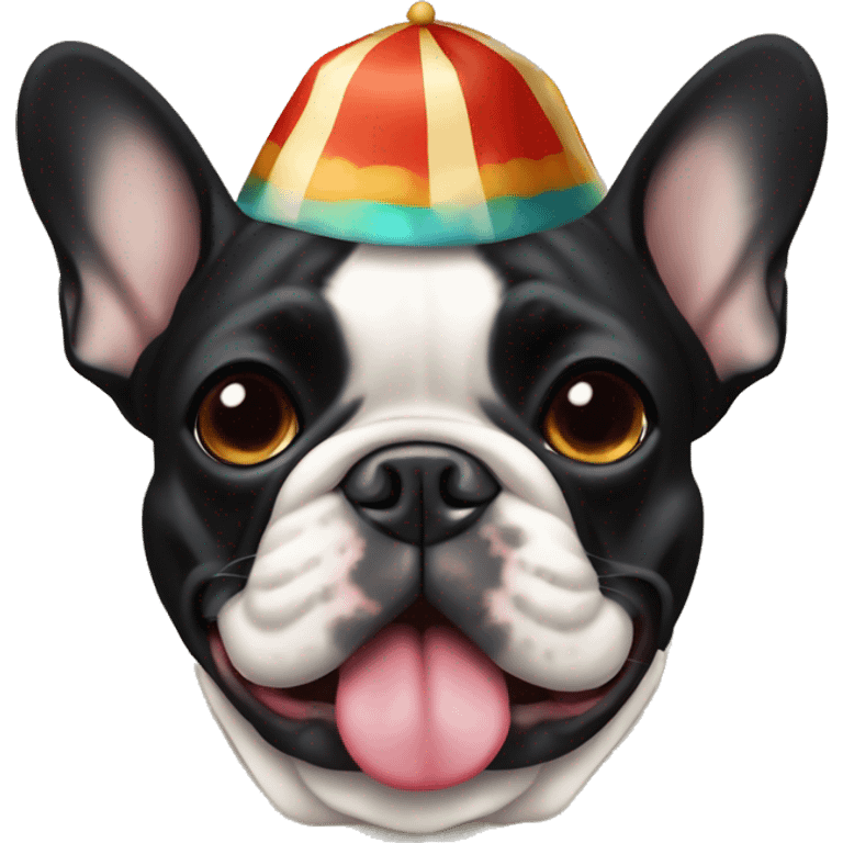 Black-and-tan French bulldog wearing a clown hat emoji