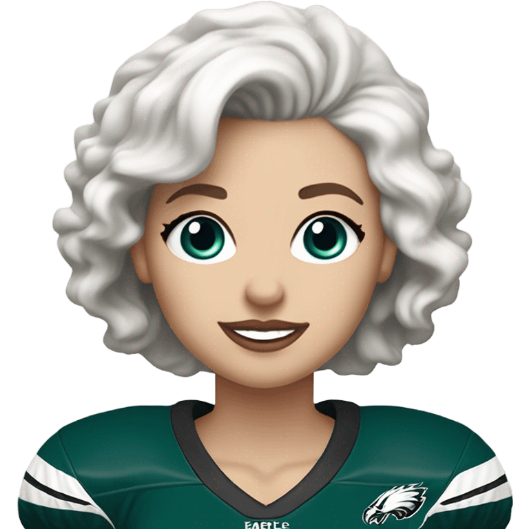 White female blue eyes light skin light lips white hair short hair wavy hair wearing Philadelphia eagles jersey cheering emoji