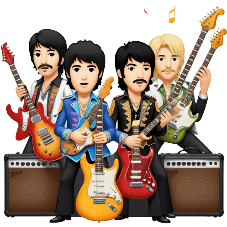 Rock music icon: collage of legendary rock stars—The Beatles, Jimi Hendrix, Elvis Presley, Queen, Nirvana, Led Zeppelin. Electric guitars, amplifiers, and microphones surrounded by vibrant stage lights and musical notes. Transparent background. emoji