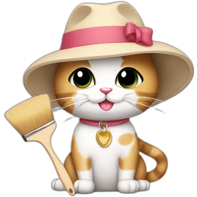 Kawaii cat artist in hat holding palette and brush so it can be used as a mouse cursor emoji