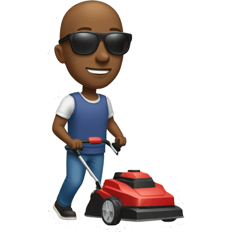 Black man with bald head and sunglasses pushing a lawnmower emoji