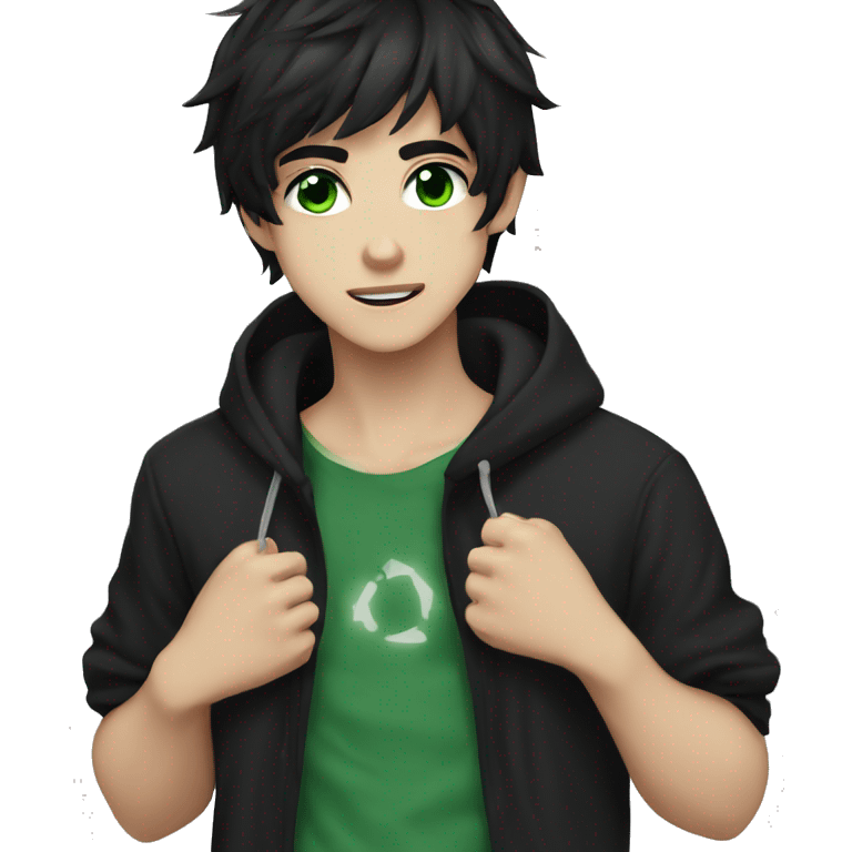 anime boy dark hair dark green eyes in black hoodie  emoji