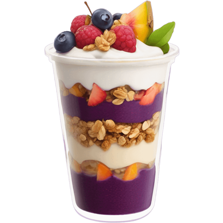 Açaí in a clear cup with layers of fruits and granola and condensed milk emoji