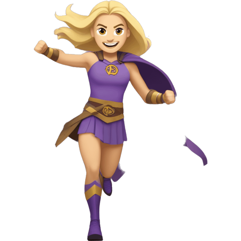 blond haired tall superhero woman with strong shoulders happily boldly charging into action. Her face looks like actress Annie Murphy. Her costume colors are purple and yellow. Her shoes are Hoka. The emblem on her costume is a Minnesota Viking. emoji