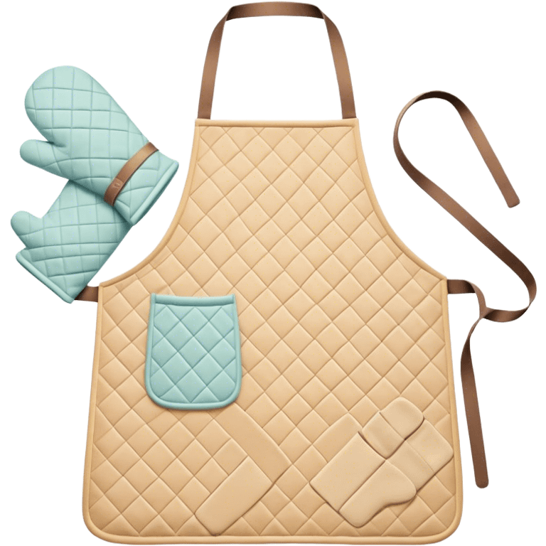 Cinematic Realistic Apron & Oven Mitts, a neatly folded soft pastel apron with subtle fabric textures, resting next to thickly padded oven mitts with a quilted pattern, warm golden kitchen lighting reflecting off the fabrics, evoking a sense of homely warmth and culinary creativity. emoji