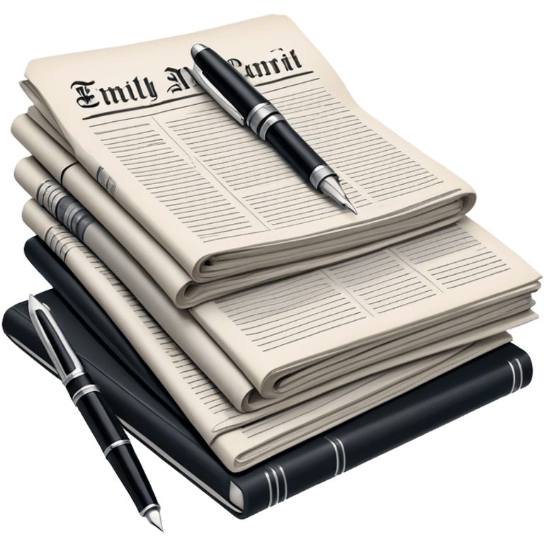 Create an emoji representing journalism and publicistic writing. The design should feature a stack of newspapers as the base, with an open working notebook placed on top of them. A single fountain pen should rest on the very top of the notebook, symbolizing the act of writing. Use neutral, professional colors like black, white, and muted tones to convey a sense of seriousness and intellect. Do not include any emojis or smiley faces. Make the background transparent. emoji